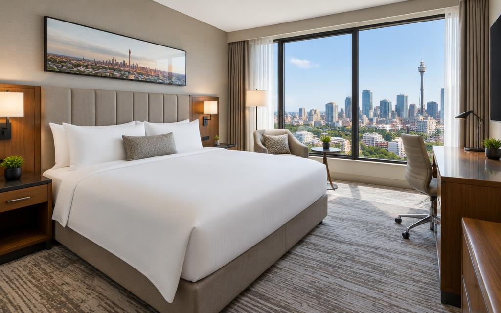 Bright business hotel room with a Johannesburg city view